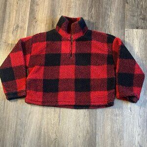 Thread & Supply Red and Black Plaid Fleece 1/4 Zip Pullover Size Large
